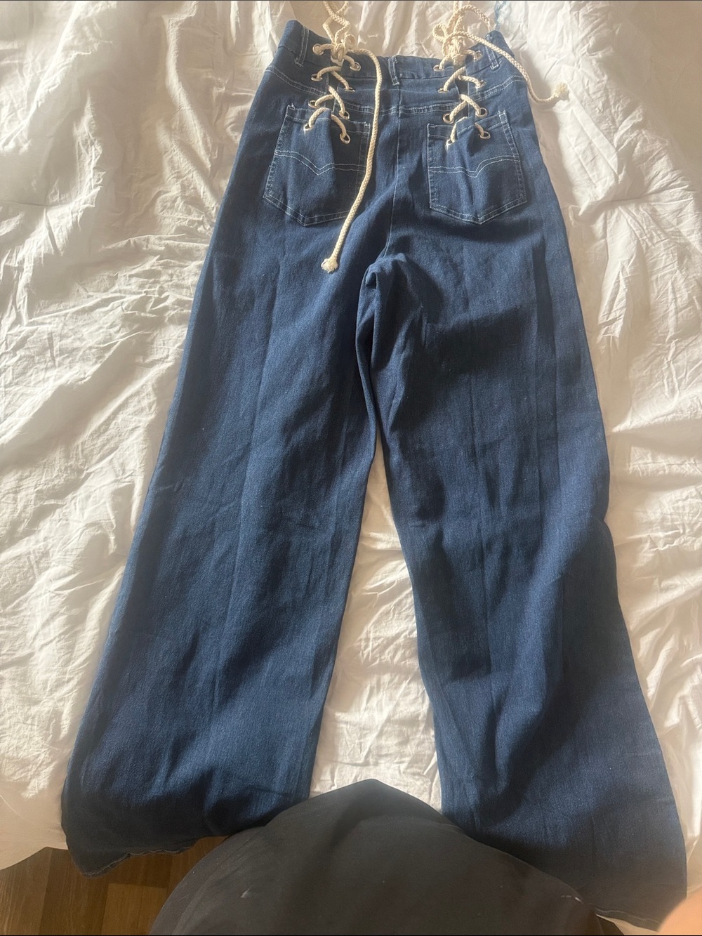 High-Waist Lace-Up Wide Leg Denim Set - Navy Large
